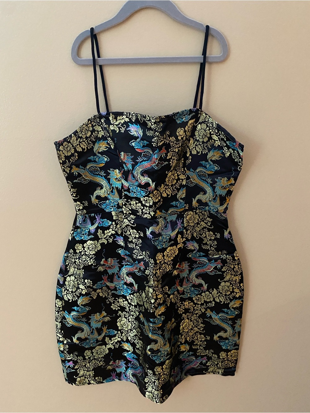 Black Brocade Mini Dress with Gold and Blue Dragon Motif